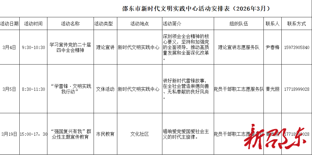 邵东市2026年3月新时代文明实践中心活动安排表